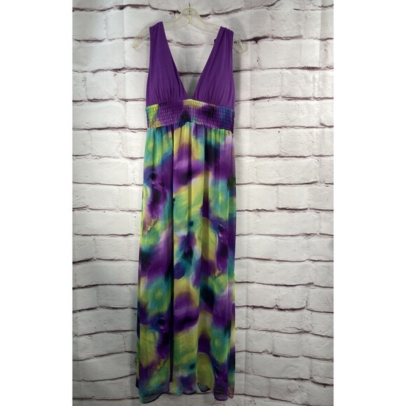Candies Womens Sz L Maxi Dress V Neck Purple Green Blue Pullover Party Beach - Picture 2 of 11